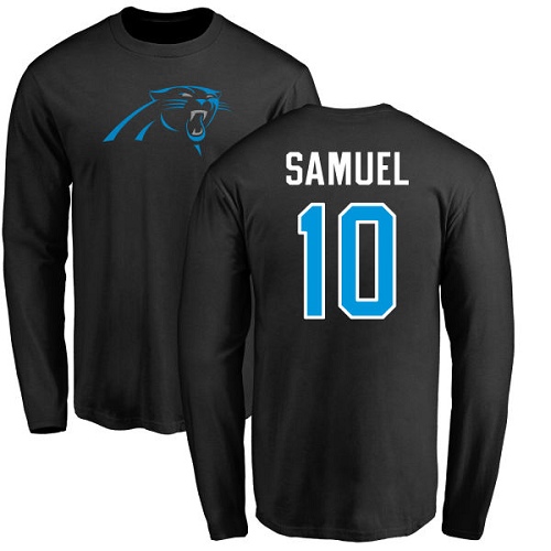 Carolina Panthers Men Black Curtis Samuel Name and Number Logo NFL Football #10 Long Sleeve T Shirt->nfl t-shirts->Sports Accessory